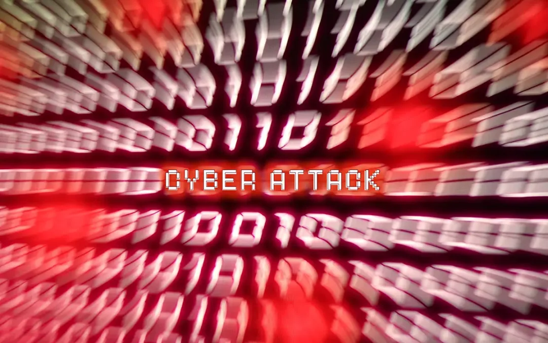 Graphic with blurred white numbers with red background. In the center the words Cyber Attack