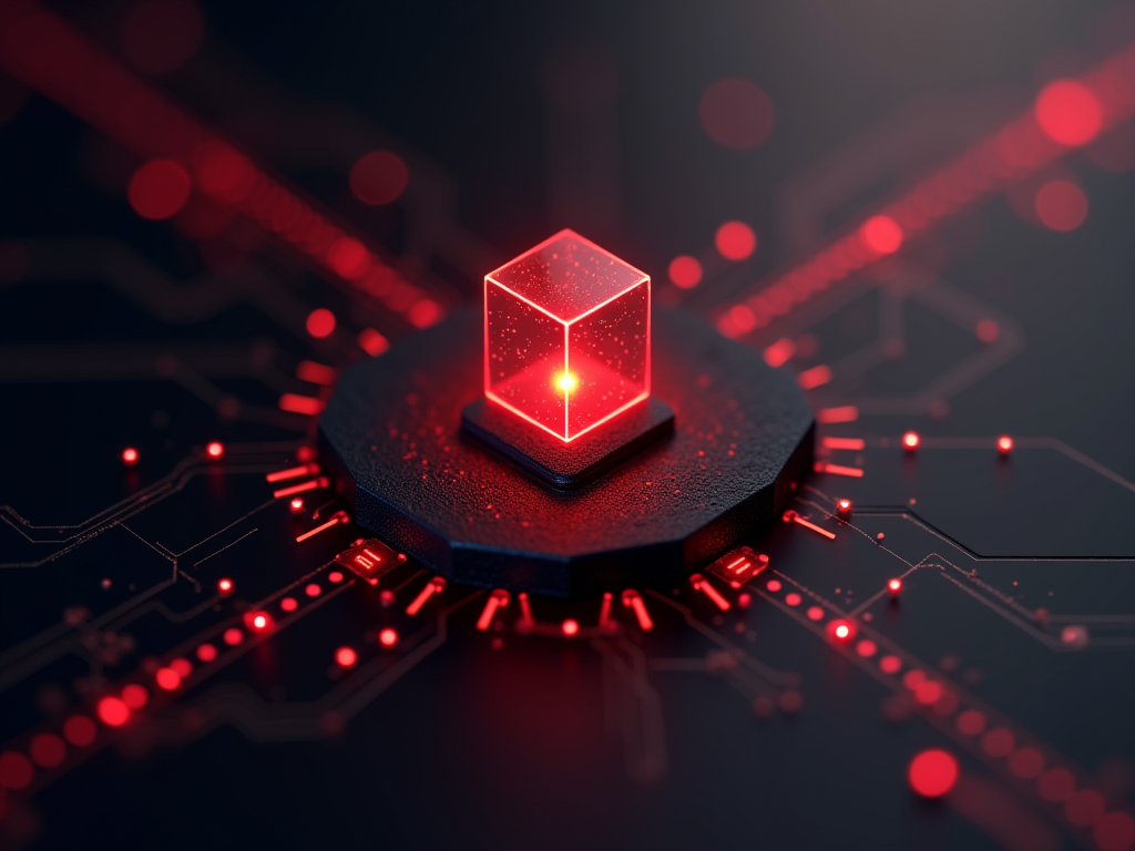 Abstract red and black AI workflow core with no laptop or fake interface text